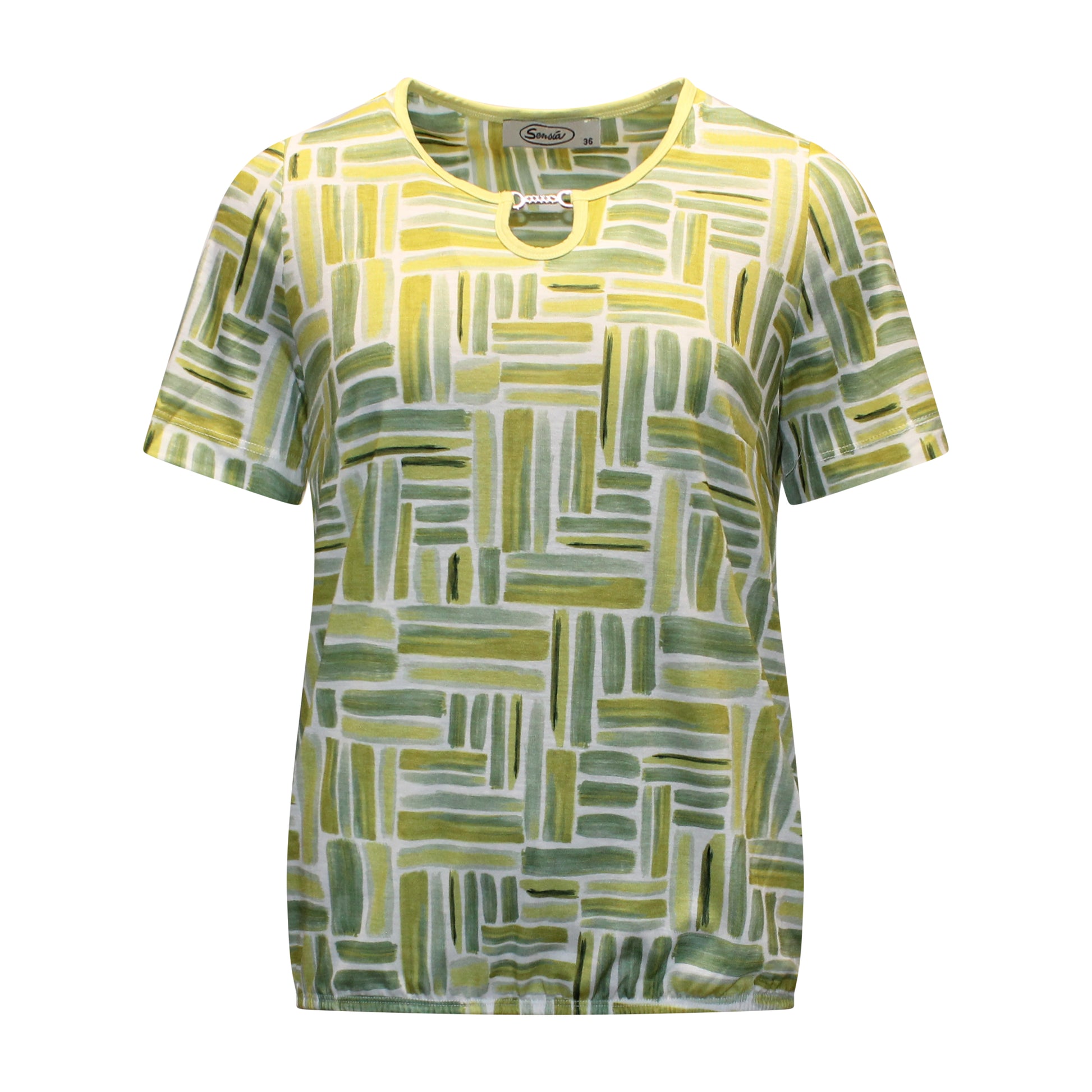 Voorzijde van Sensia blouson Meike met korte mouwen, ronde hals met kleine uitsparing en streepmotief in groen en wit.