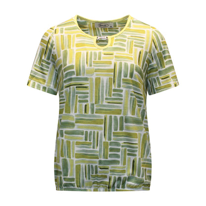 Voorzijde van Sensia blouson Meike met korte mouwen, ronde hals met kleine uitsparing en streepmotief in groen en wit.