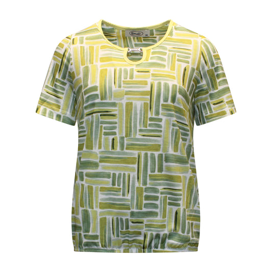 Voorzijde van Sensia blouson Meike met korte mouwen, ronde hals met kleine uitsparing en streepmotief in groen en wit.