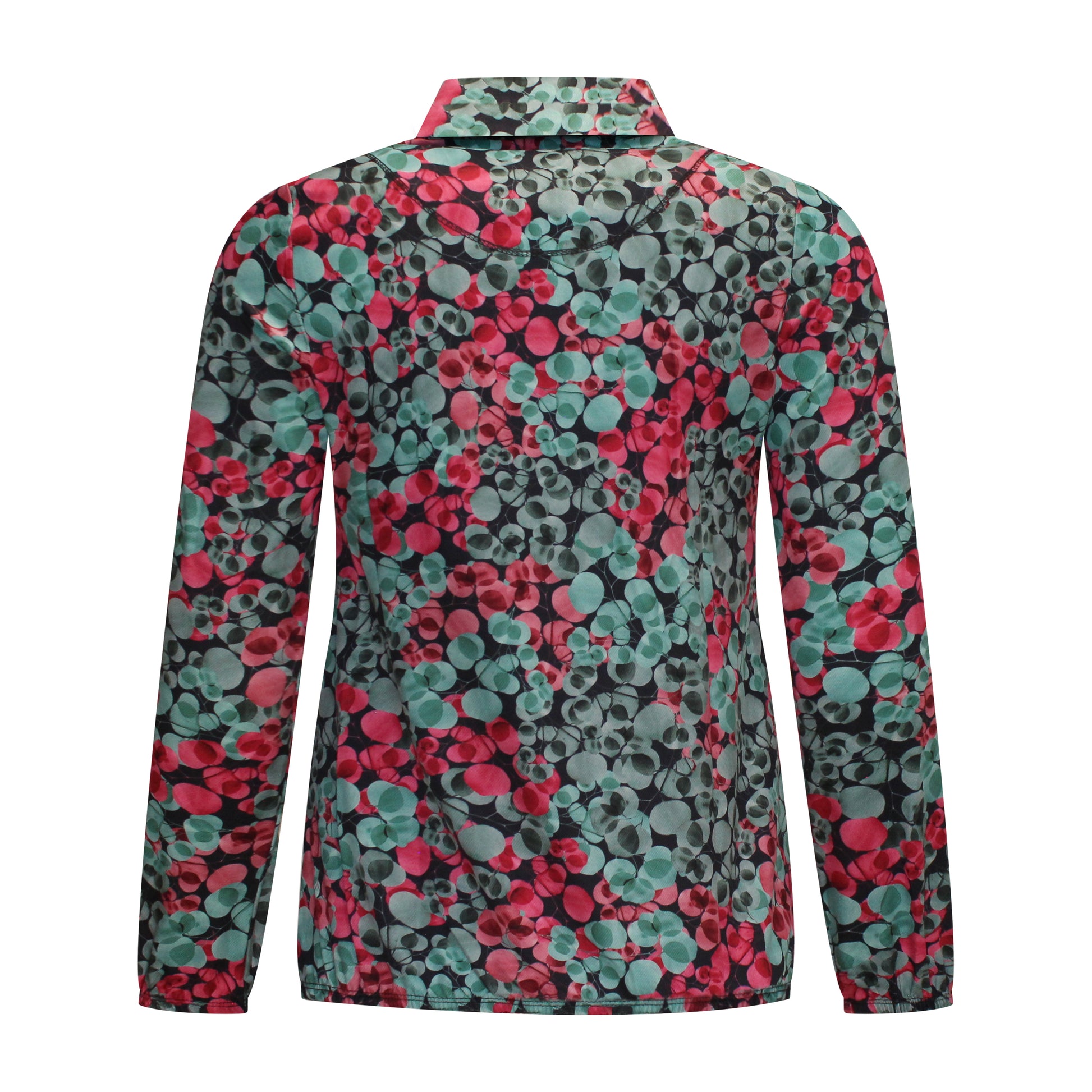 Achterzijde van Sensia Blouson Mien met kraagje in het groen, lange mouwen en elastische band onderin.