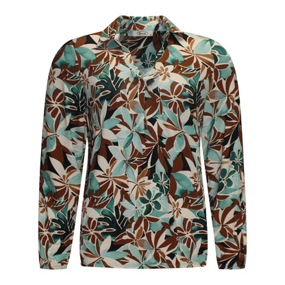 Voorzijde van Sensia Blouson Nova met v-hals en mintgroen bruin patroon.