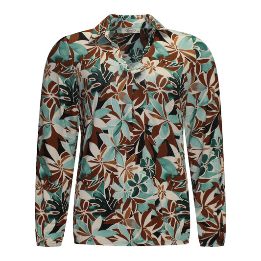 Voorzijde van Sensia Blouson Nova met v-hals en mintgroen bruin patroon.