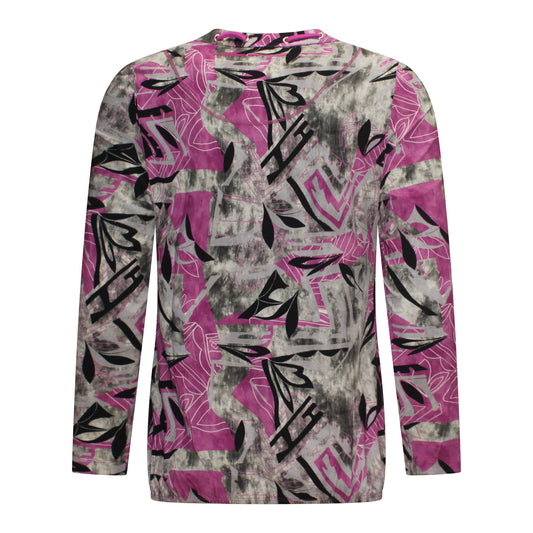 Achterzijde van blouson Rene met elegant dessin in roze en grijs. Ronde hals met verfijnd koorddetail en lange mouwen. Stijlvolle herfstlook.