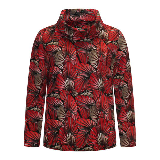 Voorzijde van Sensia Blouson Tova met colkraag, rode print en blousend effect door elastiek in de zoom.
