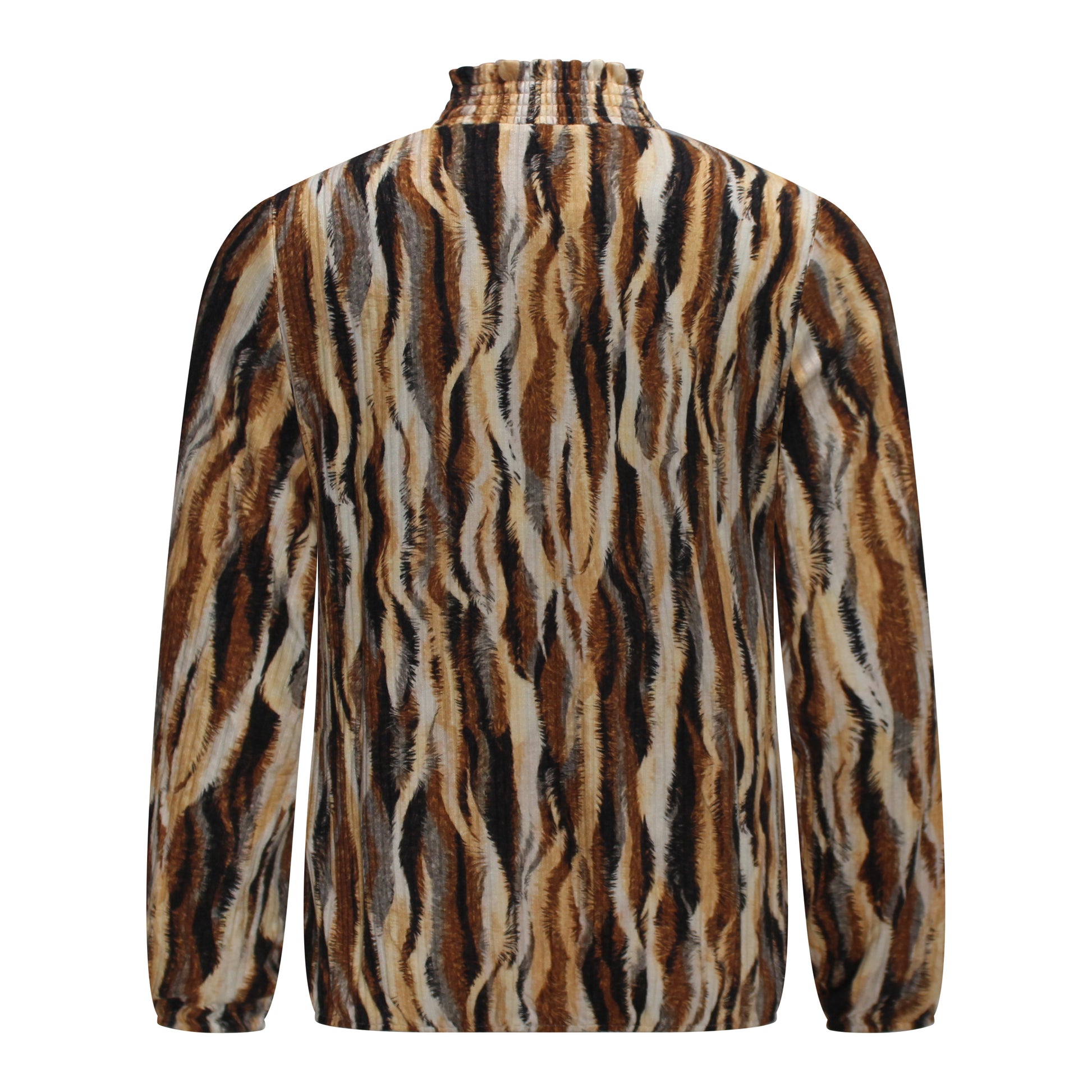 Achterzijde van Sensia Blouson Vianne met lange mouwen en elastiekje aan de onderkant in bruin streepjesdessin.
