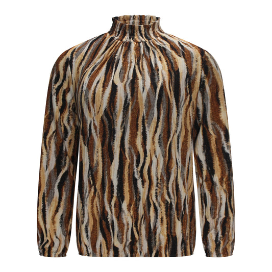 Voorzijde van Sensia Blouson Vianne met opstaande kraag, lange mouwen en elastiekje aan de onderkant in bruin streepjesdessin.