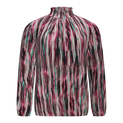 Voorzijde van Sensia Blouson Vianne met opstaande kraag, lange mouwen en elastiekje aan de onderkant in fuchsia streepjesdessin.