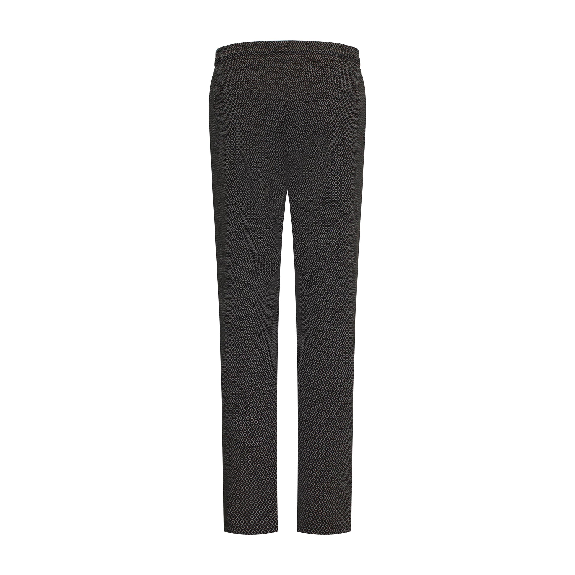 Achterzijde van Sensia Pantalon Elvira met wijde pijpen, zwart-beige all-over print, elastische band en riemlusjes.