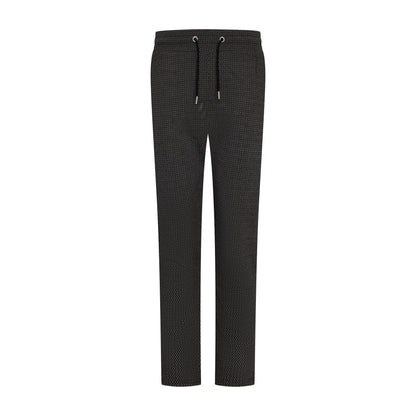 Voorzijde van Sensia Pantalon Elvira met wijde pijpen, zwart-beige all-over print, elastische band en riemlusjes.