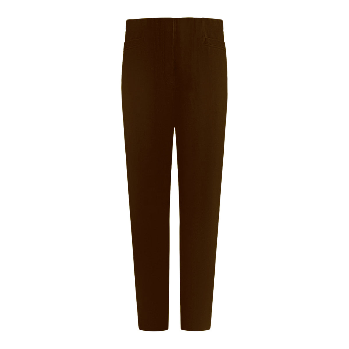 Voorzijde van Sensia Pantalon Penny in bruin, korte lengte, elastische band en zakken aan de voorzijde.