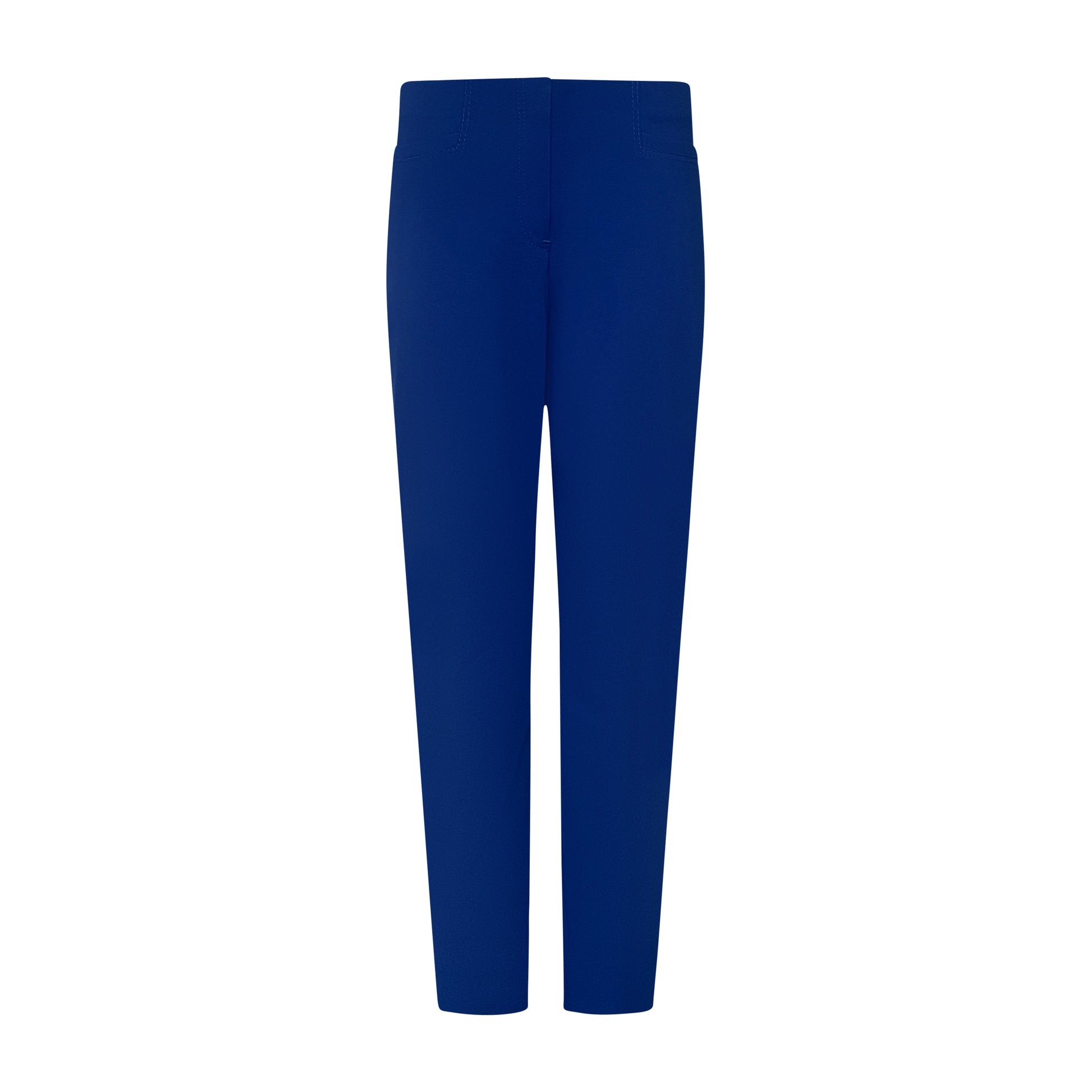 Voorzijde van Sensia Pantalon Penny in kobaltblauw, korte lengte, elastische band en zakken aan de voorzijde.