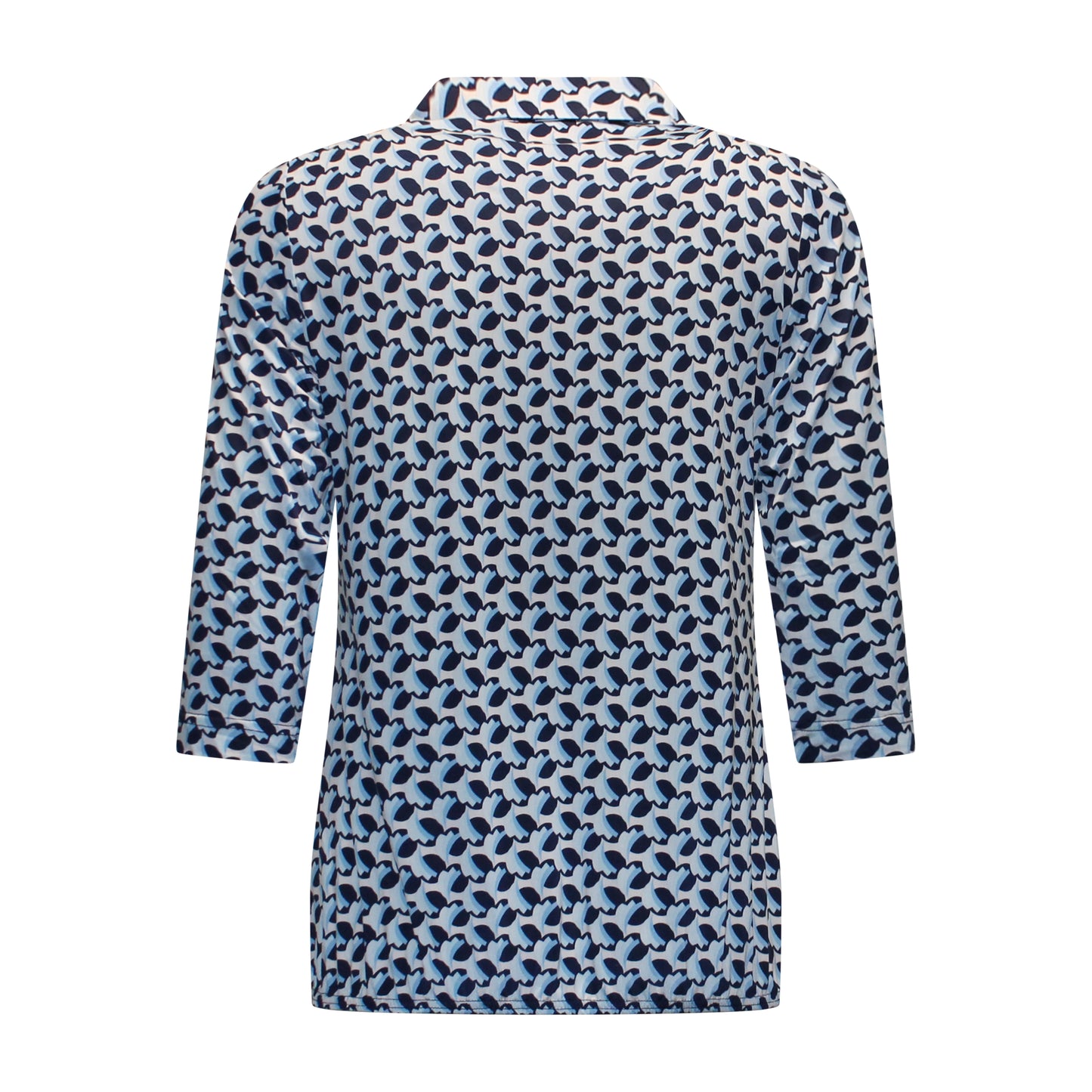 Achterzijde van Sensia Poloshirt Marlies met driekwart mouwen en elastische onderband in blauw.