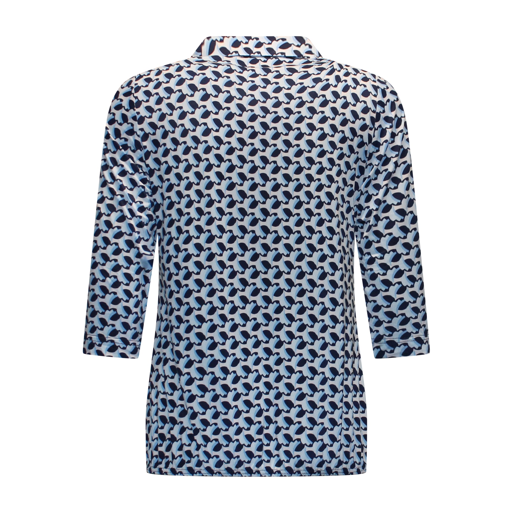 Achterzijde van Sensia Poloshirt Marlies met driekwart mouwen en elastische onderband in blauw.