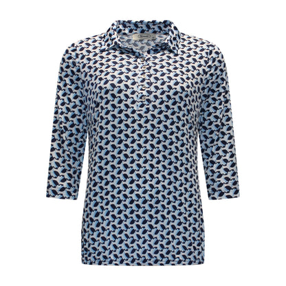 Voorzijde van Sensia Poloshirt Marlies met kraagje, knoopsluiting, driekwart mouwen en elastische band in blauw.