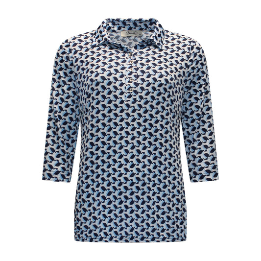 Voorzijde van Sensia Poloshirt Marlies met kraagje, knoopsluiting, driekwart mouwen en elastische band in blauw.