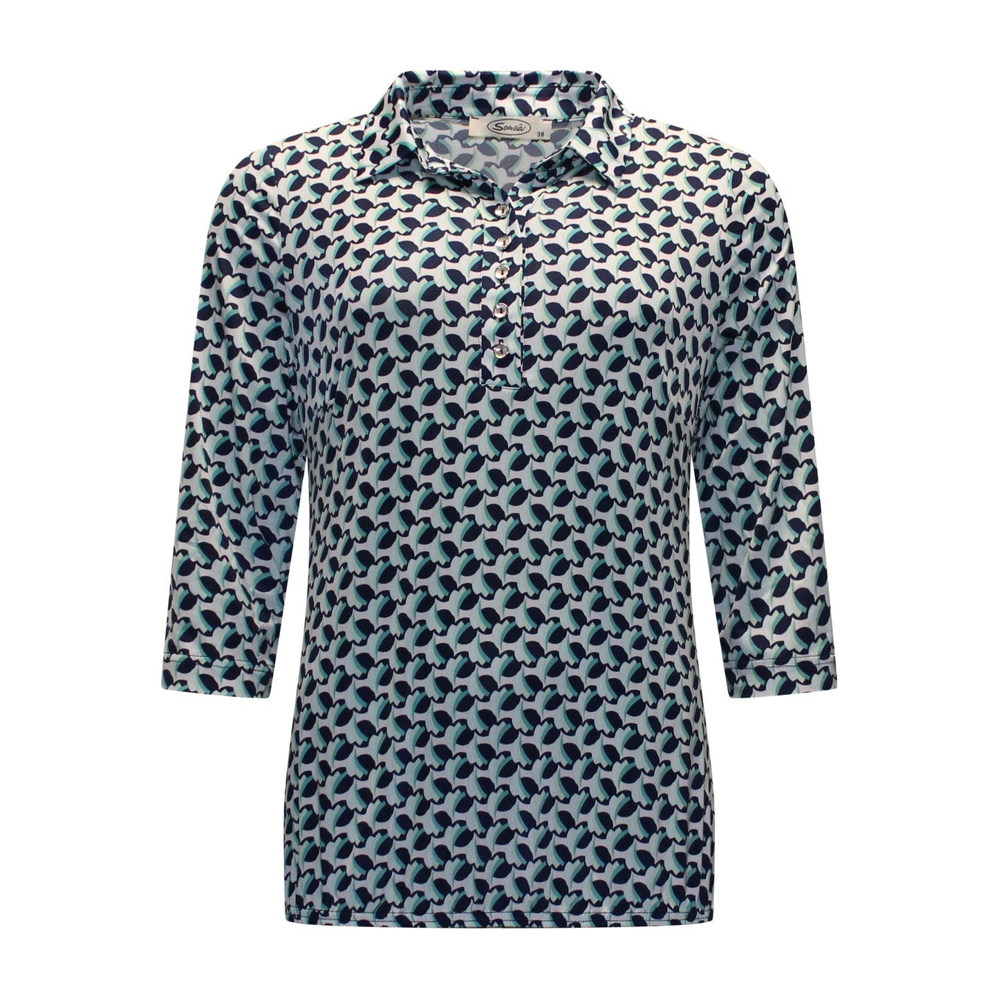 Voorzijde van Sensia Poloshirt Marlies met kraagje, knoopsluiting, driekwart mouwen en elastische band in groen.