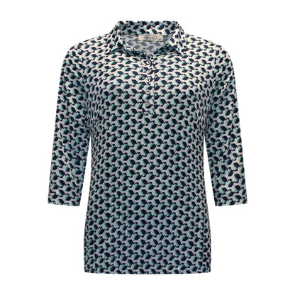 Voorzijde van Sensia Poloshirt Marlies met kraagje, knoopsluiting, driekwart mouwen en elastische band in groen.