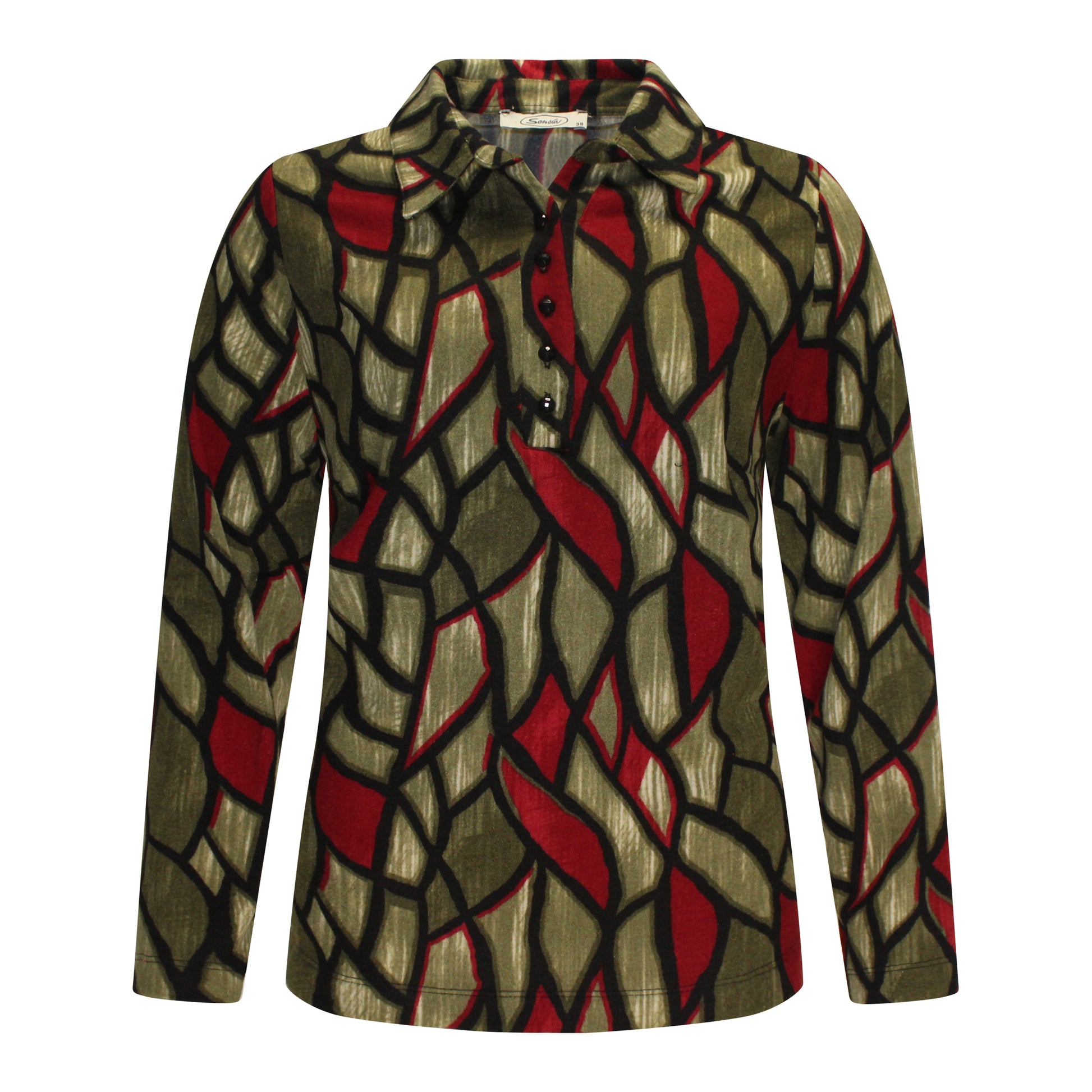 Voorzijde van Sensia Poloshirt Yinthe met klassiek kraagje, sierknoopjes en fijn patroon in het groen.
