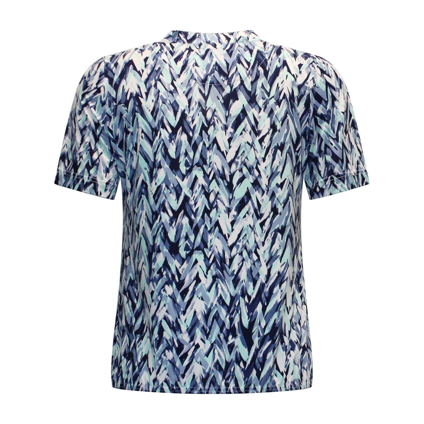 Achterzijde van Sensia Shirt Esmee met korte mouwen en grafische print in blauw en offwhite tinten.
