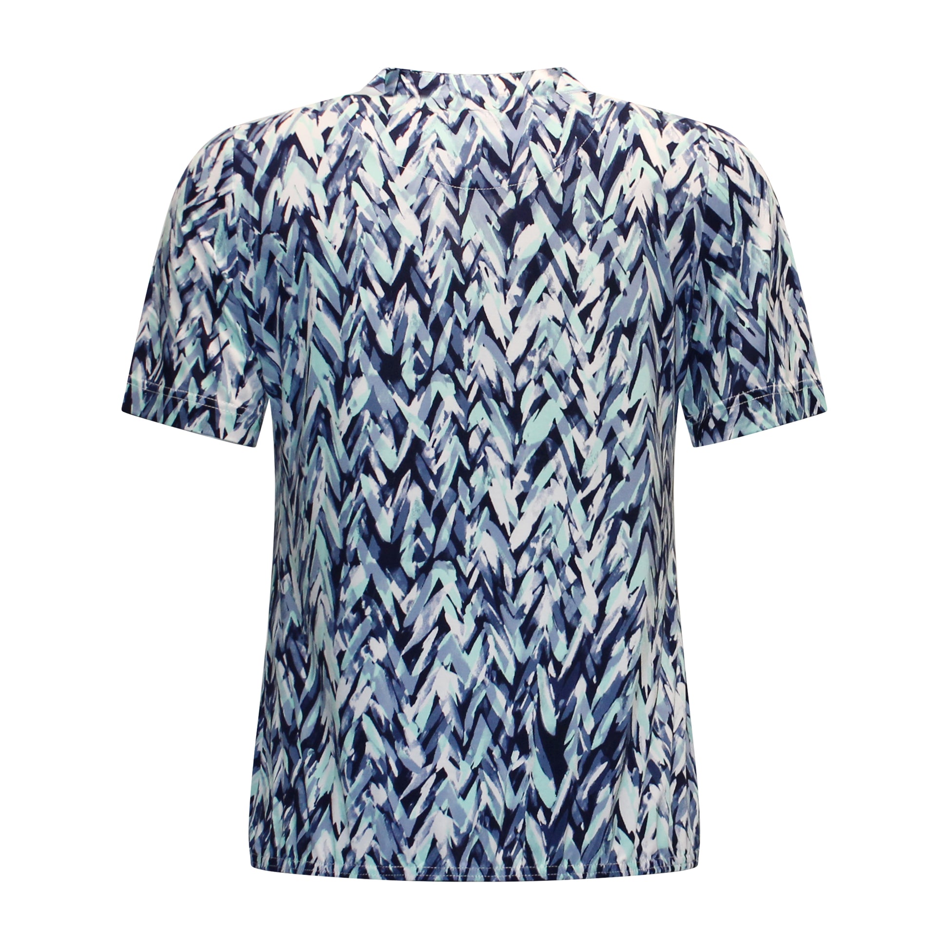 Achterzijde van Sensia Shirt Esmee met korte mouwen en grafische print in blauw en offwhite tinten.