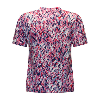 Achterzijde van Sensia Shirt Esmee met korte mouwen en grafische print in fuchsia, wit en blauw.