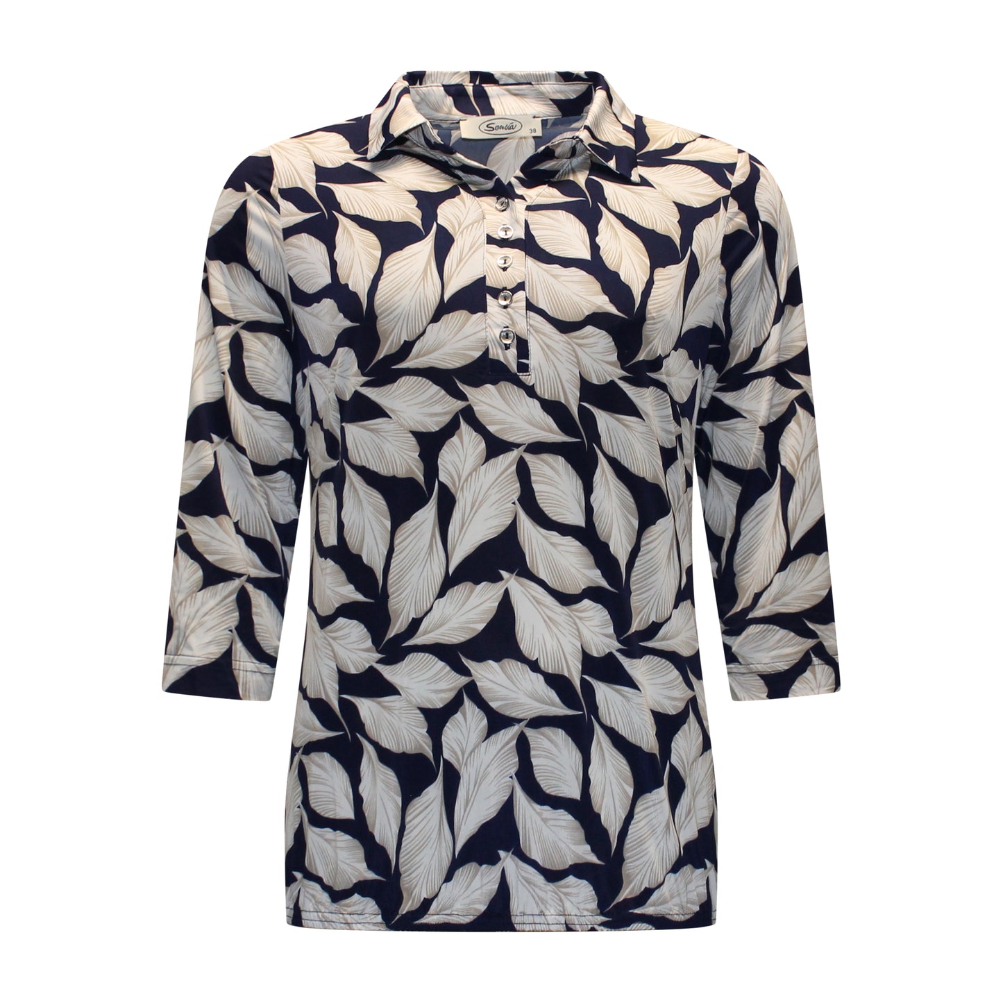 Voorzijde van Sensia Shirt Willeke met kraag, driekwart mouwen, knoopsluiting en elastische band onderaan.