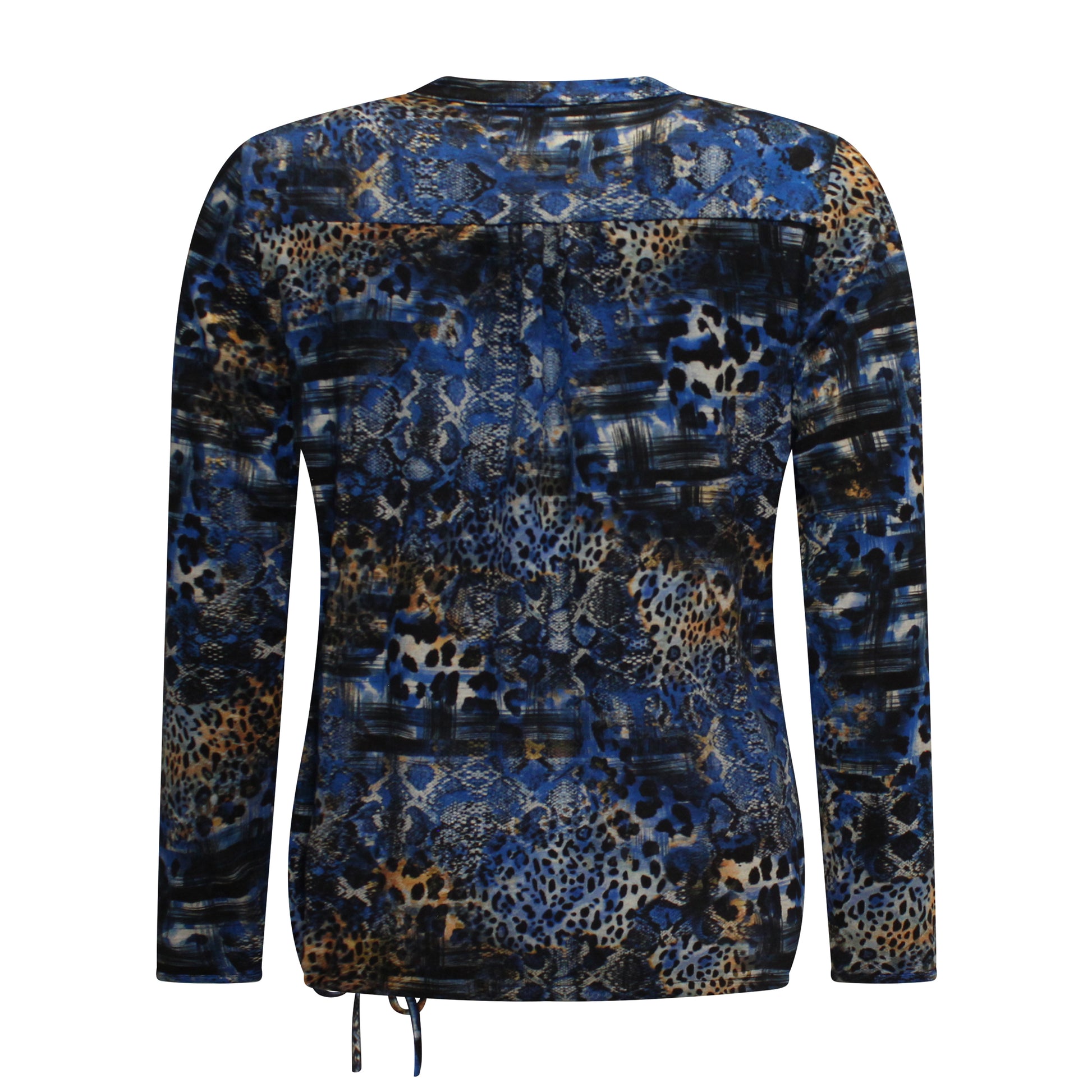 Achterzijde van Sensia T-shirt Lisanne met ronde hals en koordje onderaan in blauw.