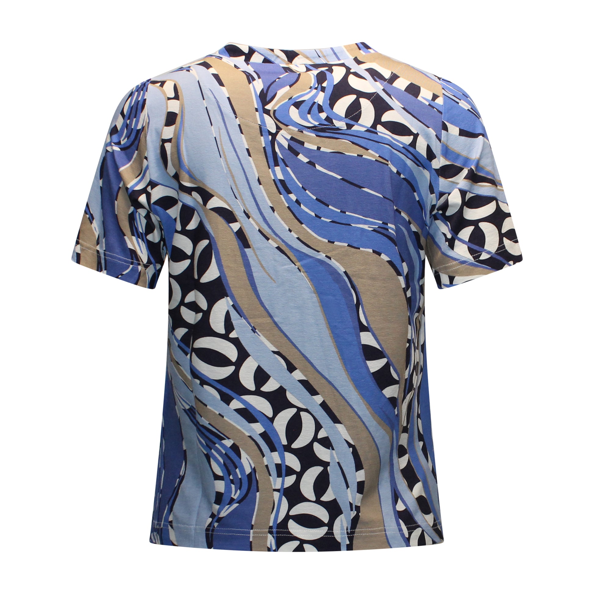 Achterzijde van Sensia T-shirt Rosanne met rechte pasvorm, korte mouwen, splitjes en abstract patroon in blauw en zand.