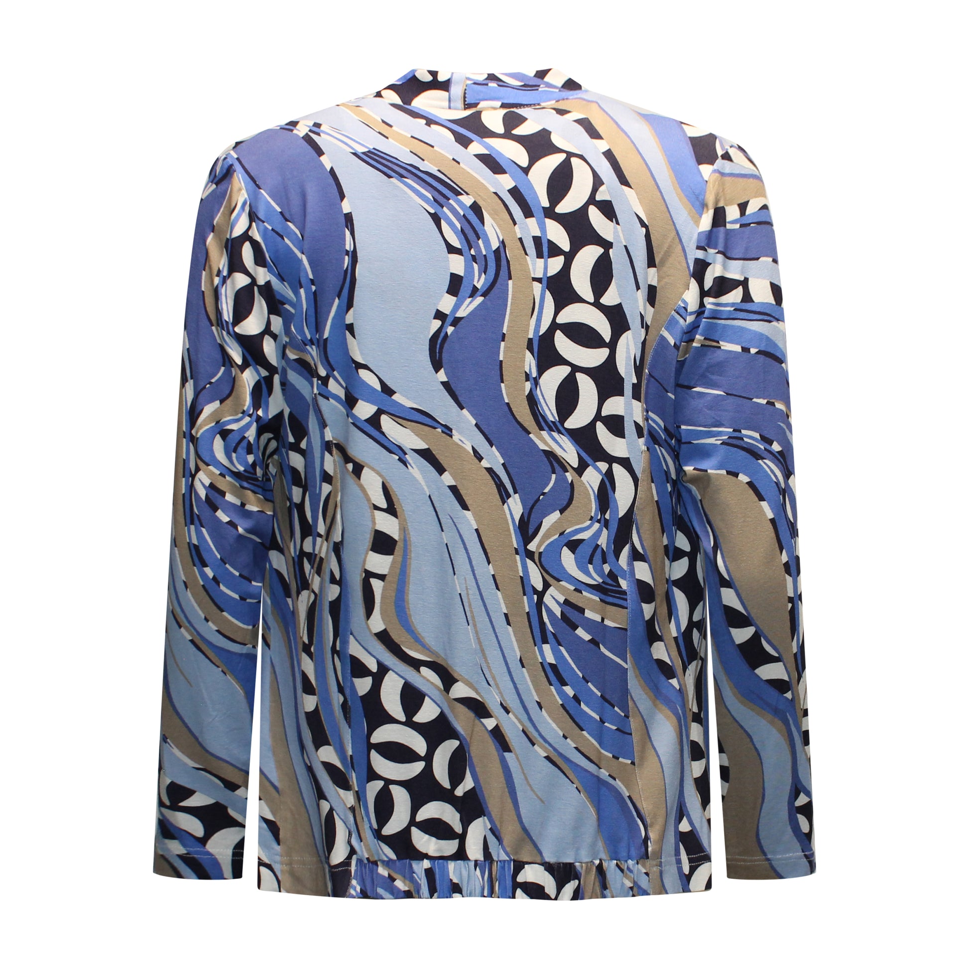 Achterzijde van Sensia Twinset Jinte met vest lange mouwen en elastische achterzoom in blauw-crème met abstract golvend patroon.