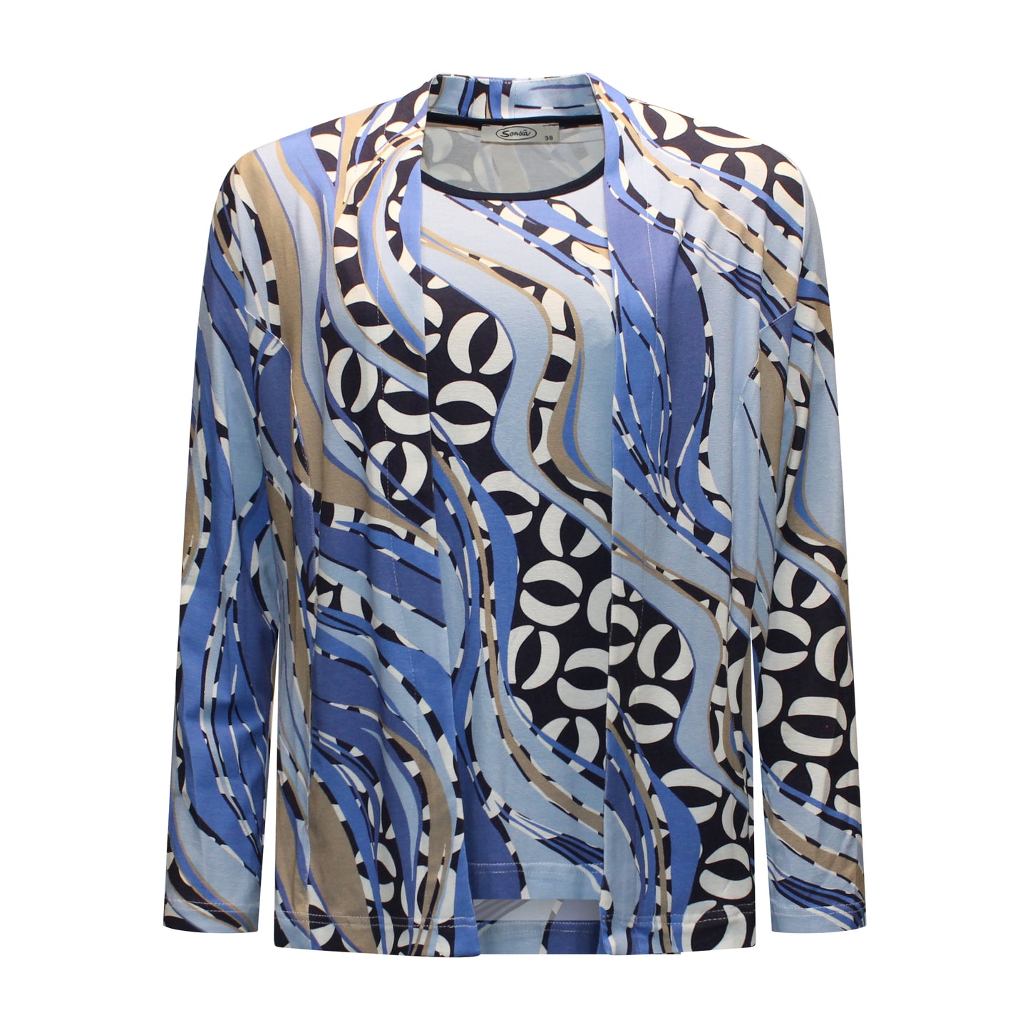 Voorzijde van Sensia Twinset Jinte met T-shirt korte mouwen, ronde hals, splitjes aan de zijkanten en blauw-crème golvend patroon.