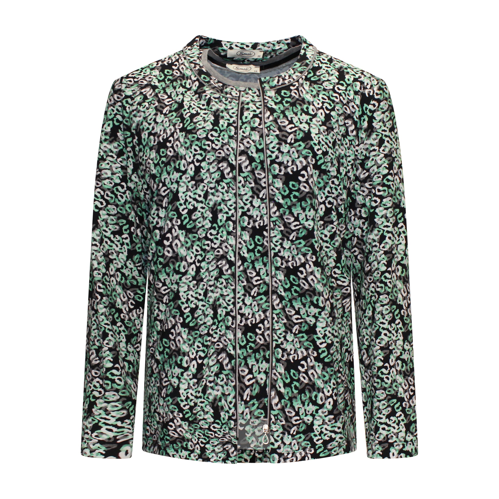 Voorzijde van Sensia Twinset Jolien in groen, met vest met lange mouwen en zilverkleurige rits over een bijpassend shirtje.