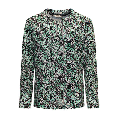 Voorzijde van Sensia Twinset Jolien in groen, met vest met lange mouwen en zilverkleurige rits over een bijpassend shirtje.