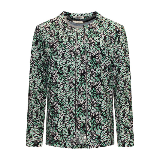 Voorzijde van Sensia Twinset Jolien in groen, met vest met lange mouwen en zilverkleurige rits over een bijpassend shirtje.