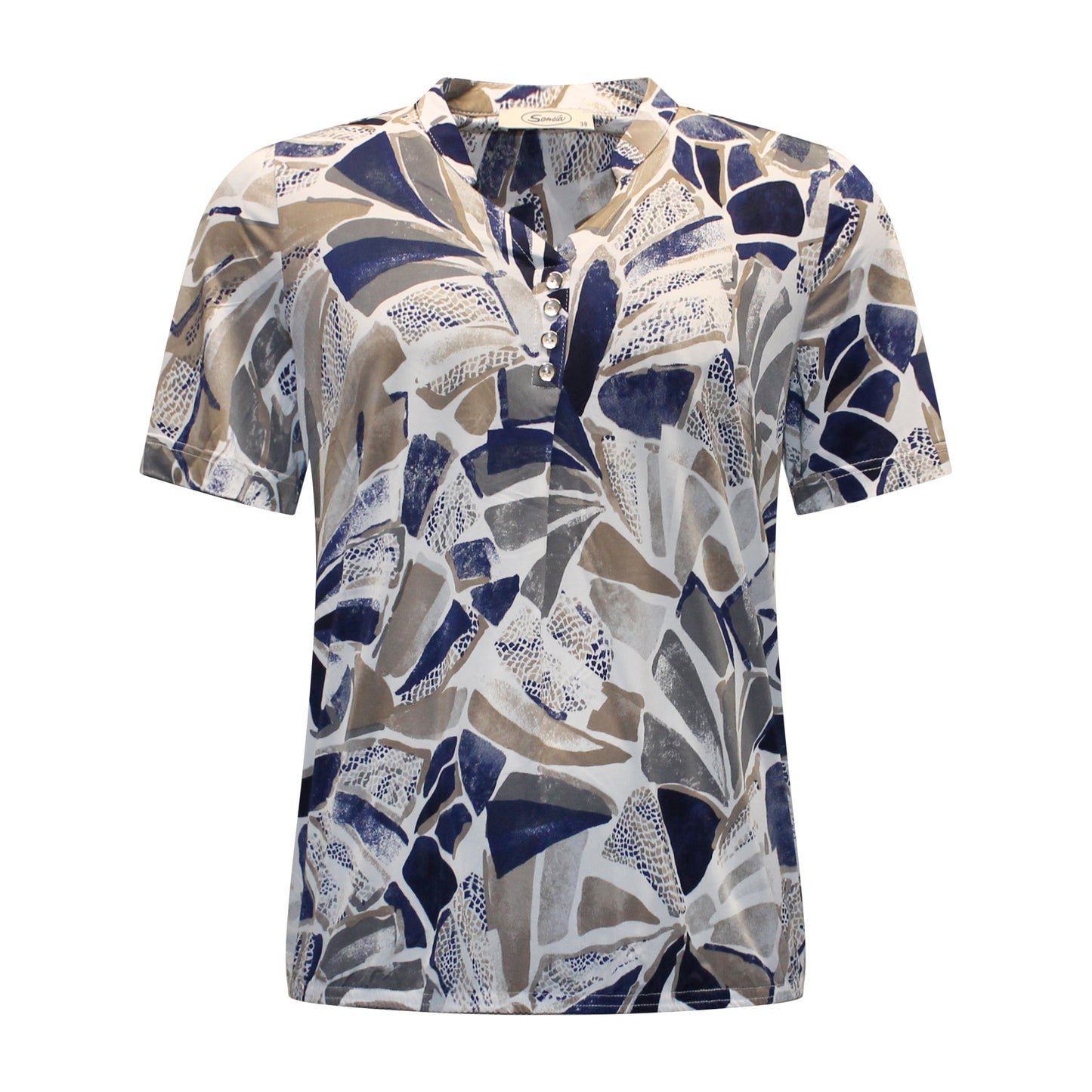 Voorzijde van Sensia t-shirt Marit met korte mouwen, kleine v-hals met knoopjes en elastische band onderaan.