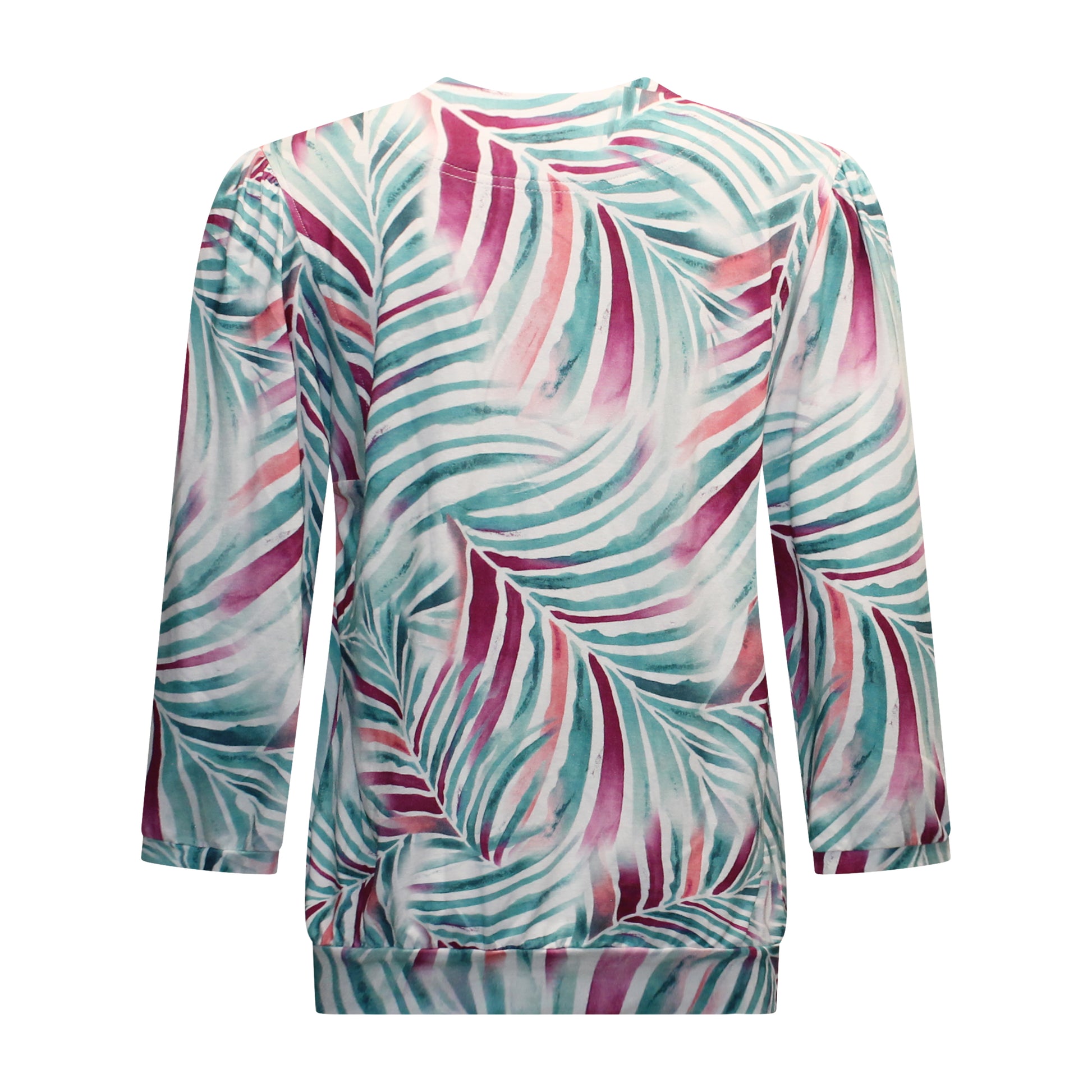 Achterzijde van Sensia t-shirt Tess met driekwart mouwen en elastische band onderaan.