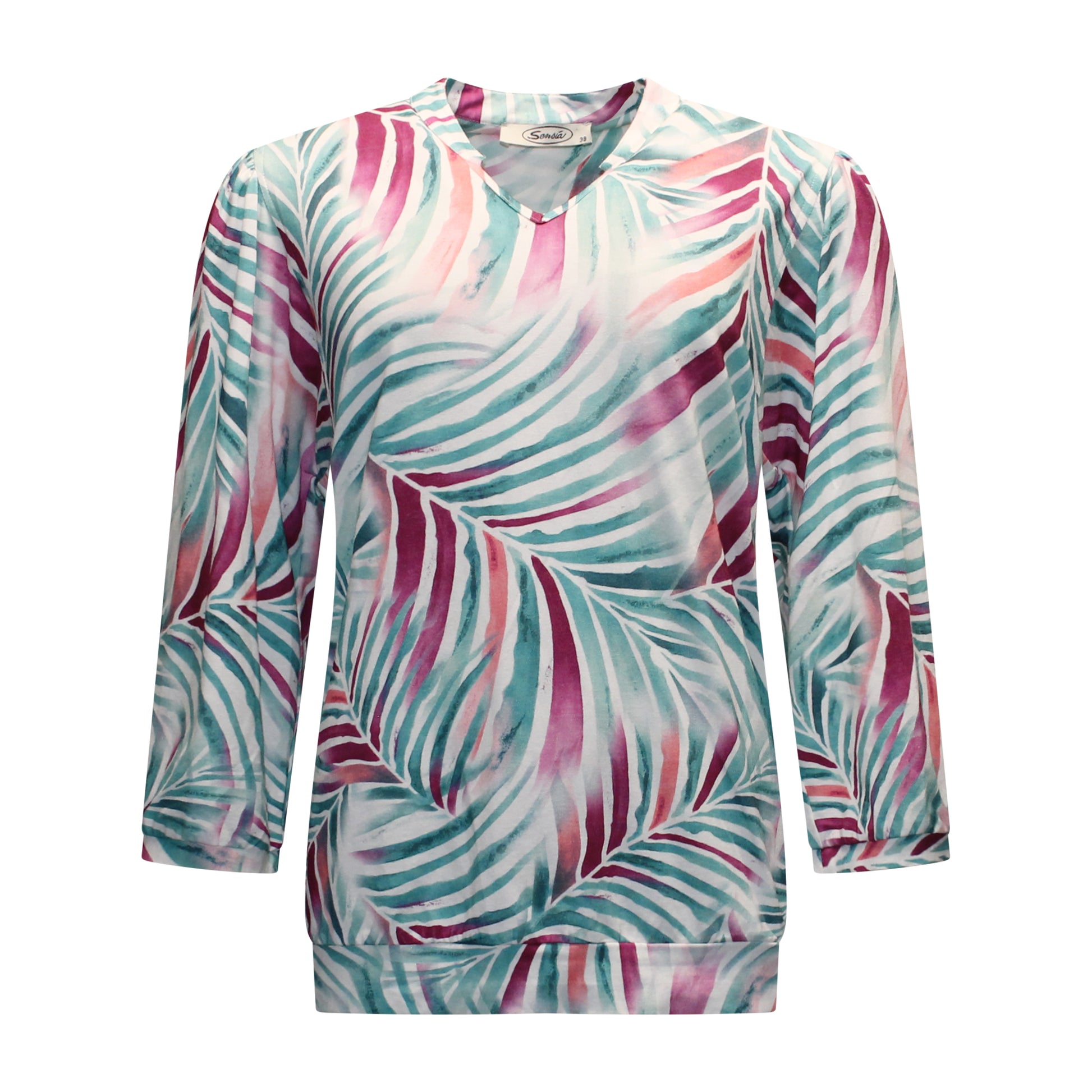 Voorzijde van Sensia t-shirt Tess met ronde hals, kleine v-hals, driekwart mouwen en elastische band onderaan.