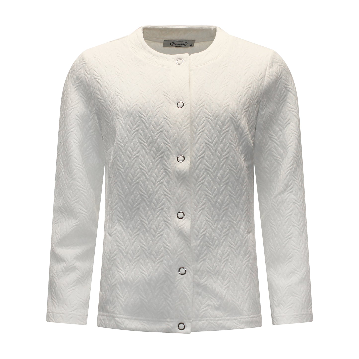 Voorzijde van Sensia vest Monique met ronde hals, drukknopen en twee steekzakken in offwhite.