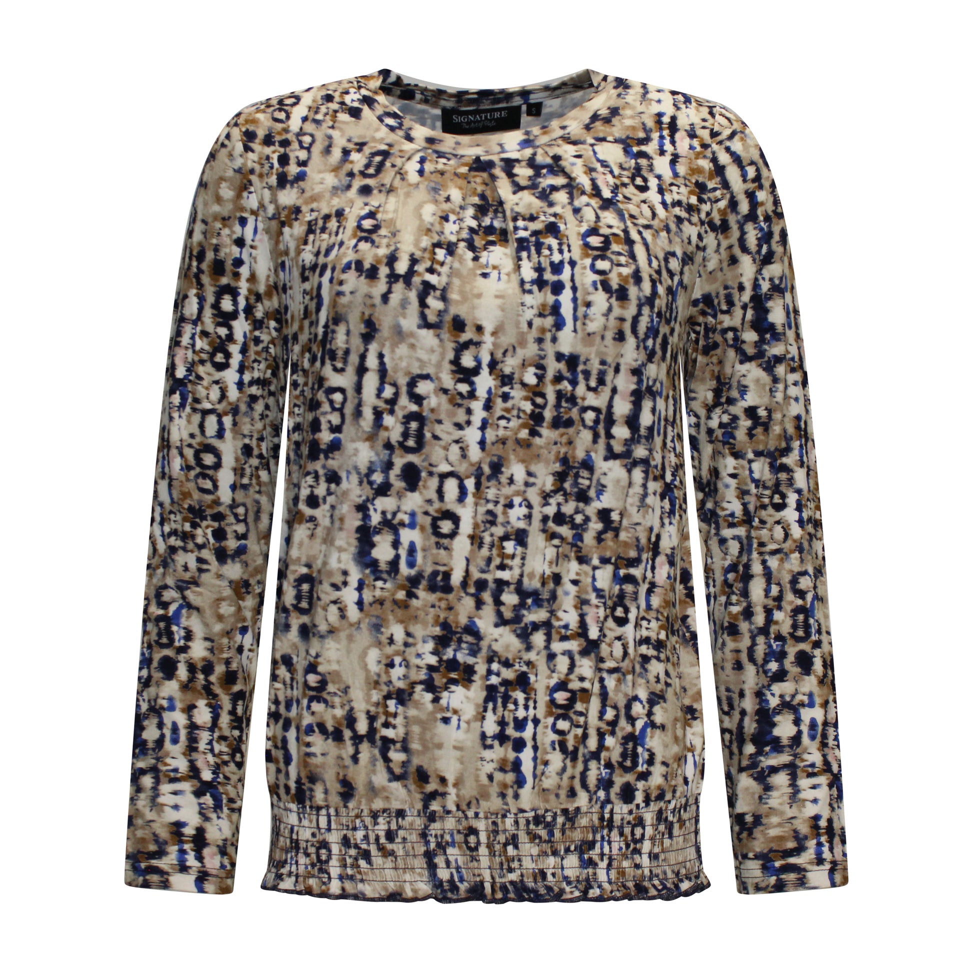 Voorzijde van Signature Blouson Carola met ronde hals, lange mouwen en elastische band onderaan.