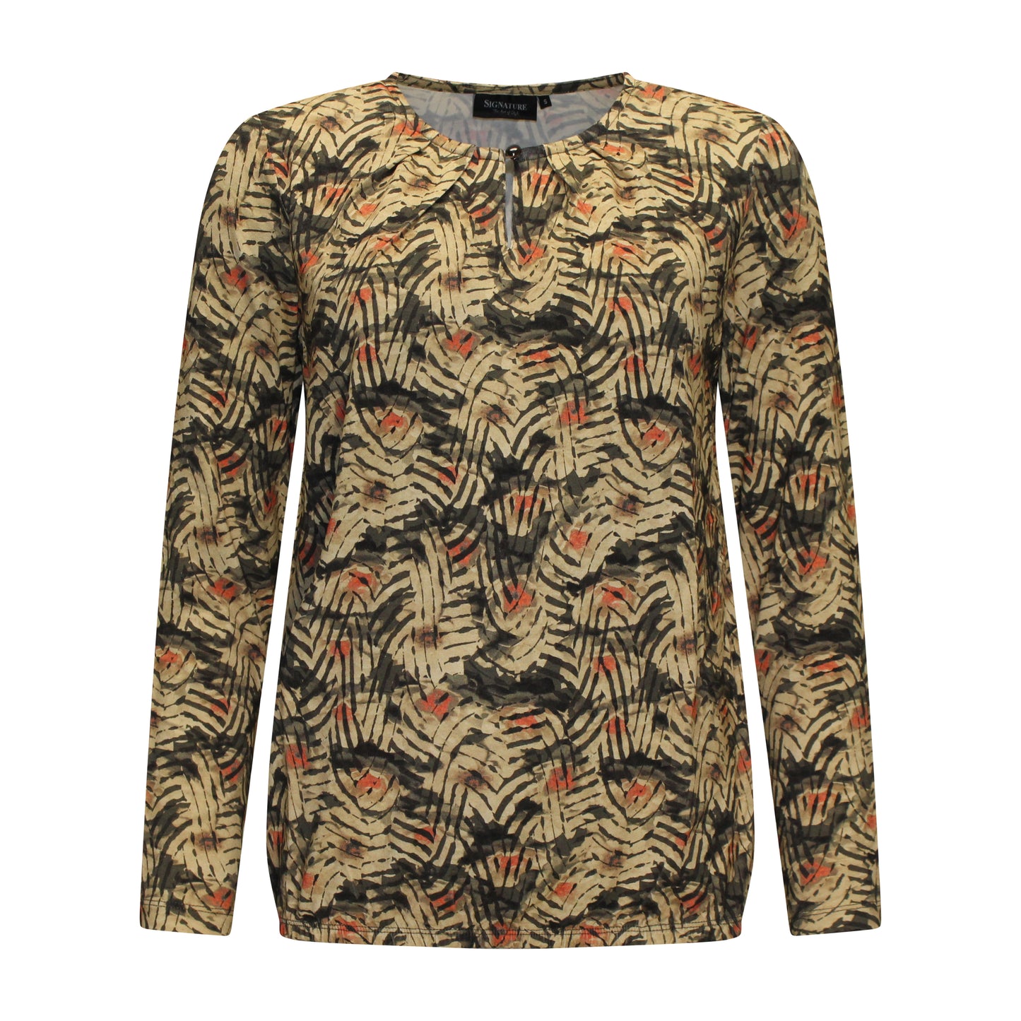 Voorzijde van Signature Blouson Tamara met ronde hals, knoopje, lange mouwen en elastische onderkant.