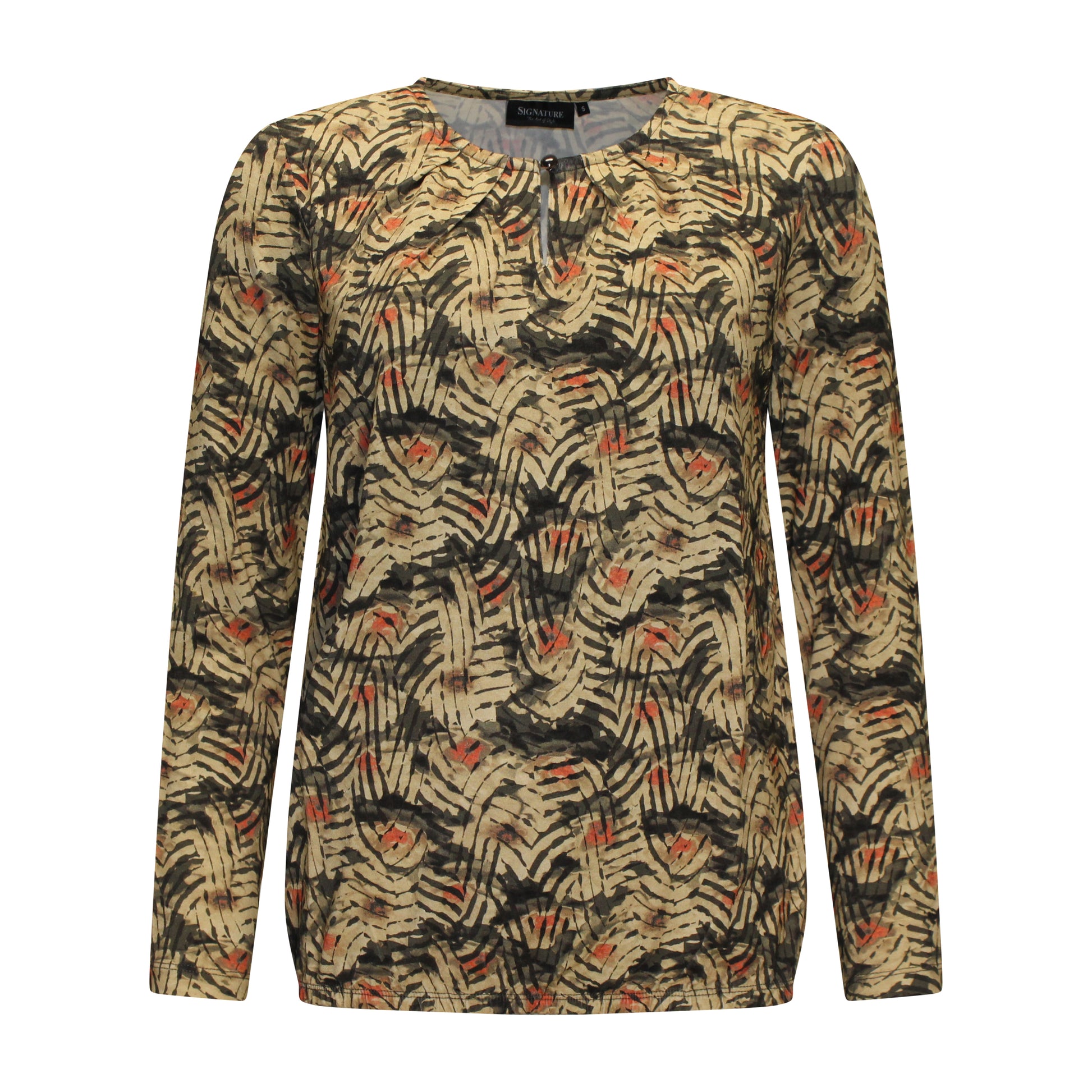 Voorzijde van Signature Blouson Tamara met ronde hals, knoopje, lange mouwen en elastische onderkant.