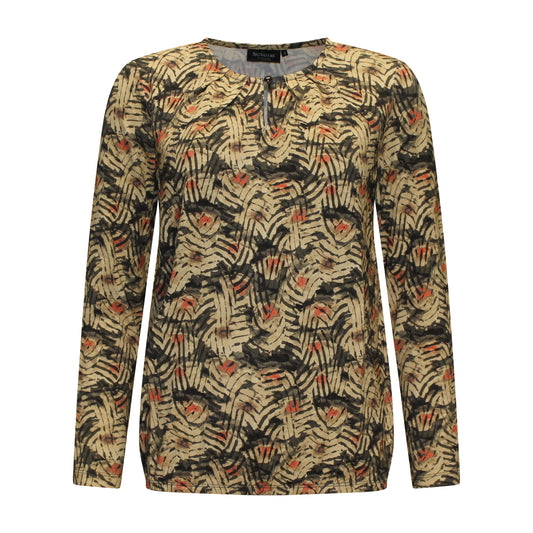 Voorzijde van Signature Blouson Tamara met ronde hals, knoopje, lange mouwen en elastische onderkant.