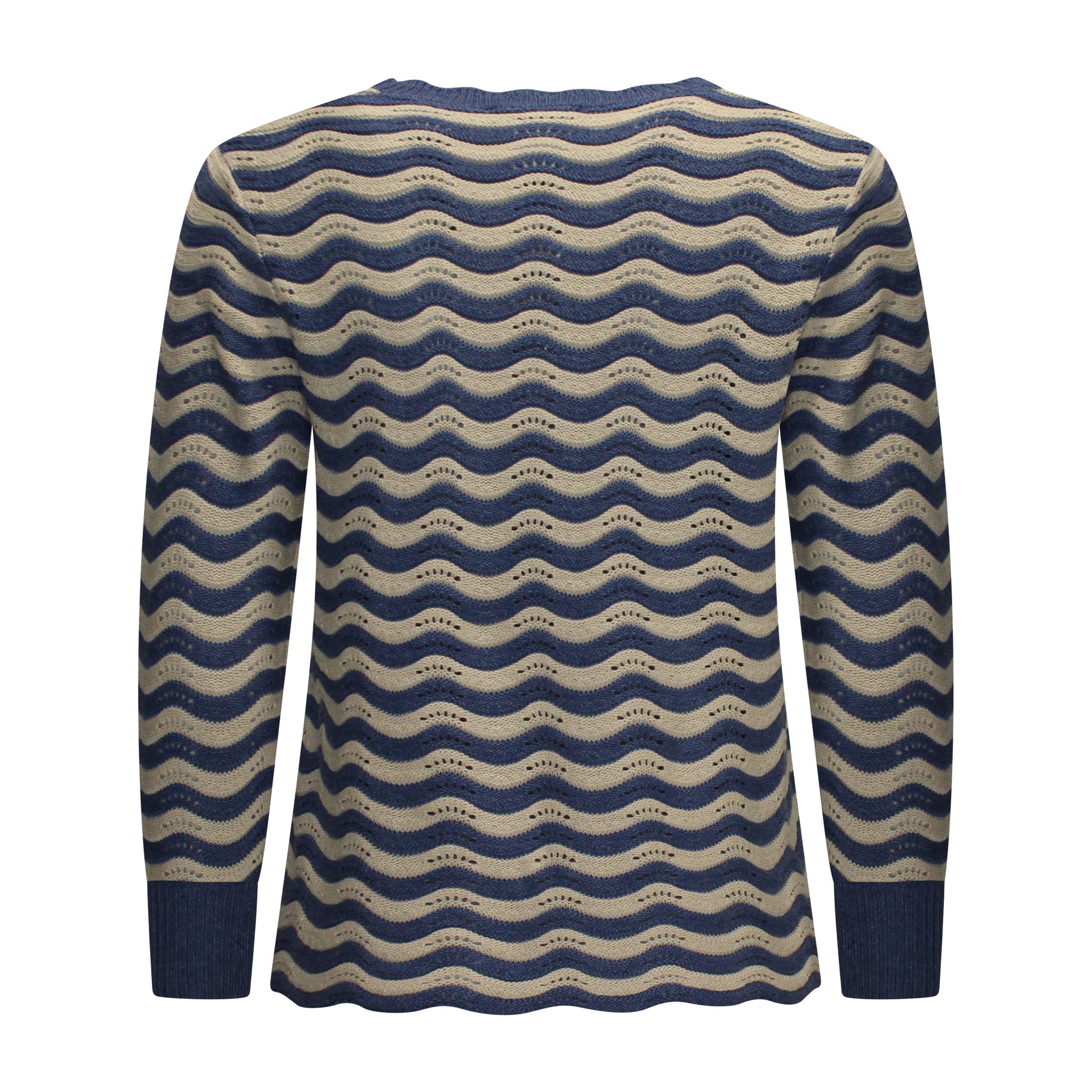 Achterzijde van Signature Pullover Mariska met ronde hals, lange mouwen, boordje en gegolfd streepmotief in blauw.