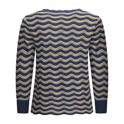 Achterzijde van Signature Pullover Mariska met ronde hals, lange mouwen, boordje en gegolfd streepmotief in blauw.