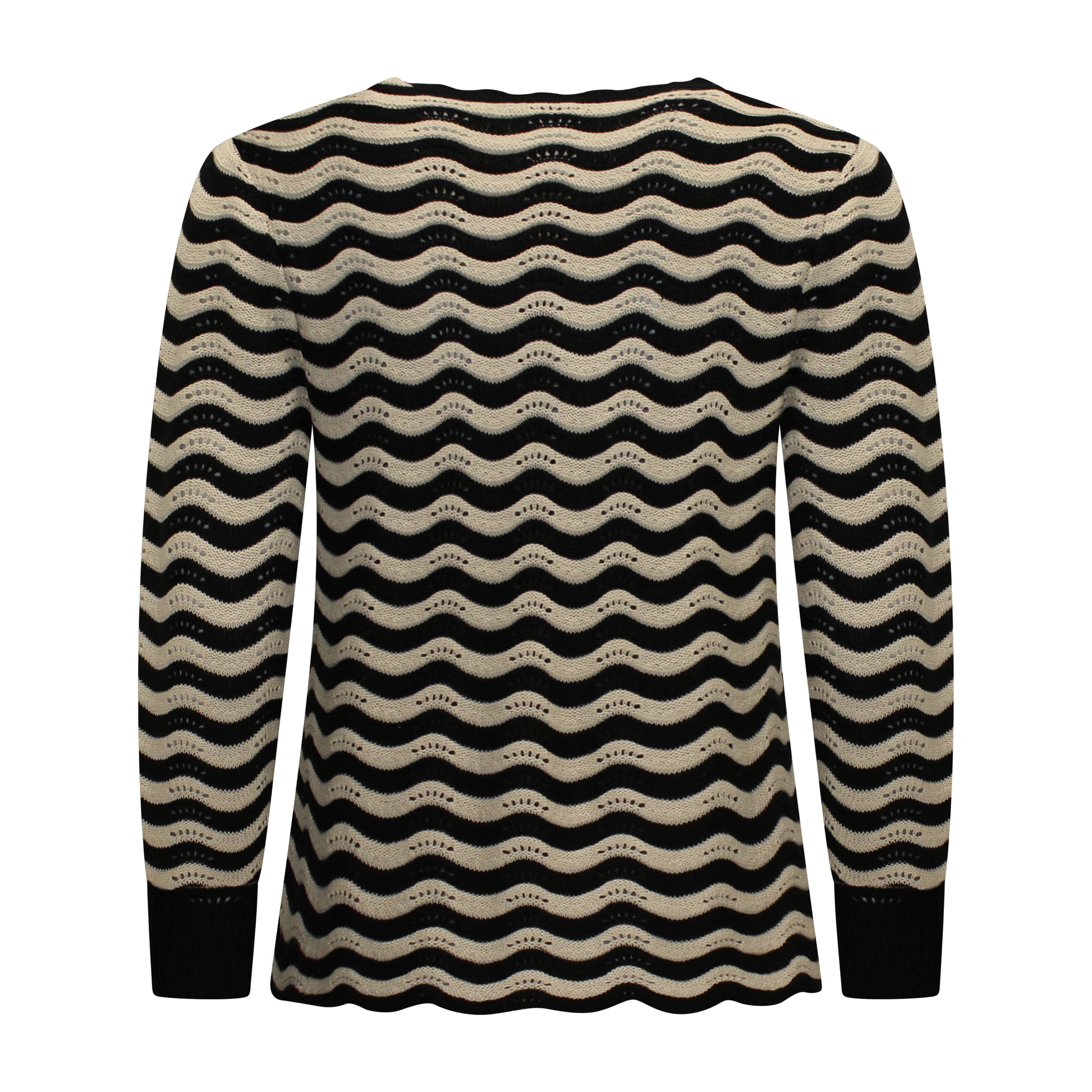Achterzijde van Signature Pullover Mariska met ronde hals, lange mouwen, boordje en gegolfd streepmotief in zwart.