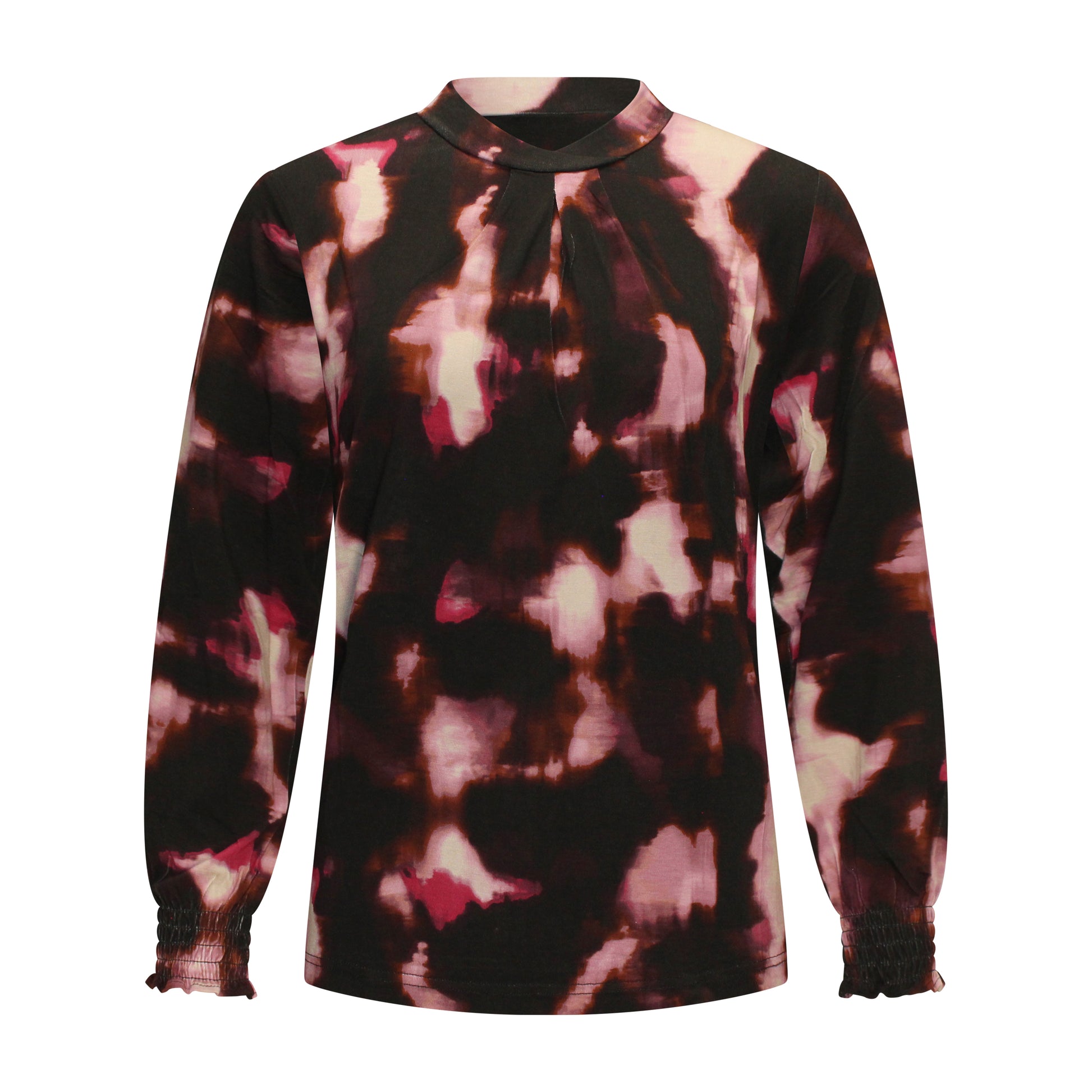 Voorzijde van Signature T-shirt Celeste in rood met ronde hals, lange mouwen met elastiek en patroon.