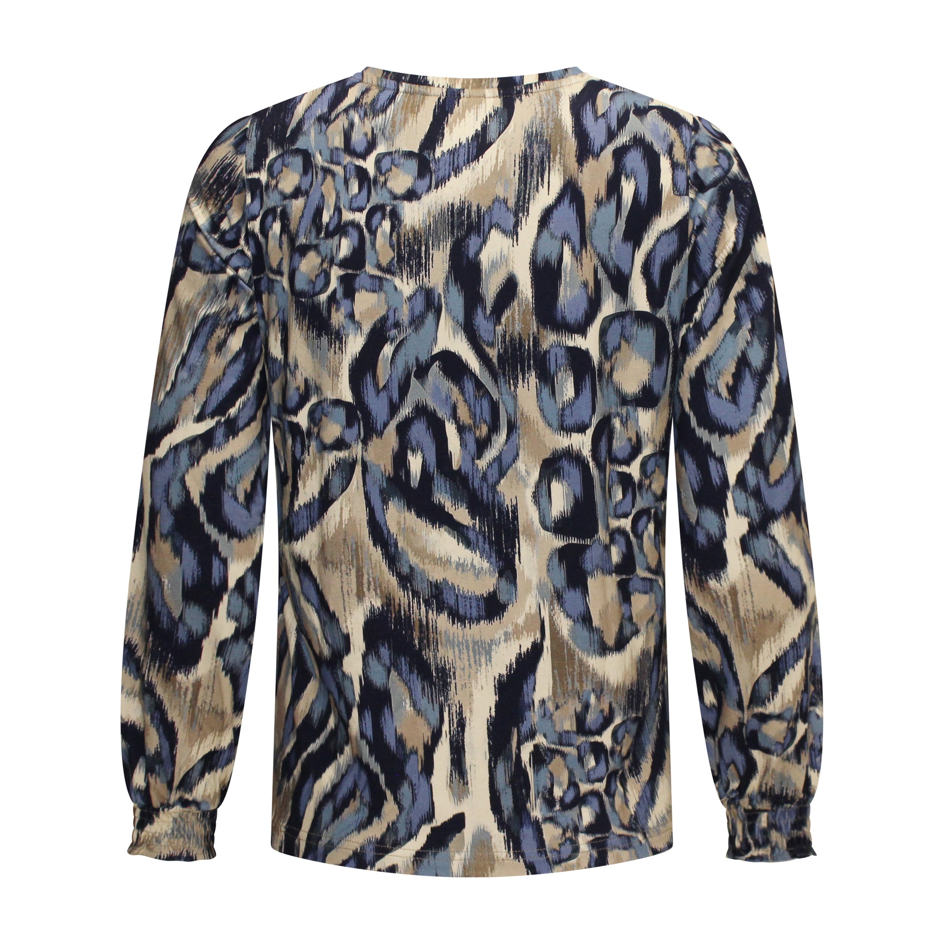 Achterzijde van Signature T-shirt Saskia met ronde hals, lange mouwen, recht model en elastische manchetten in het blauw.