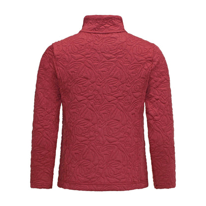 Achterzijde Signature vest Isa bordeaux rood met lange mouwen, ritszakken en hoge sluiting.