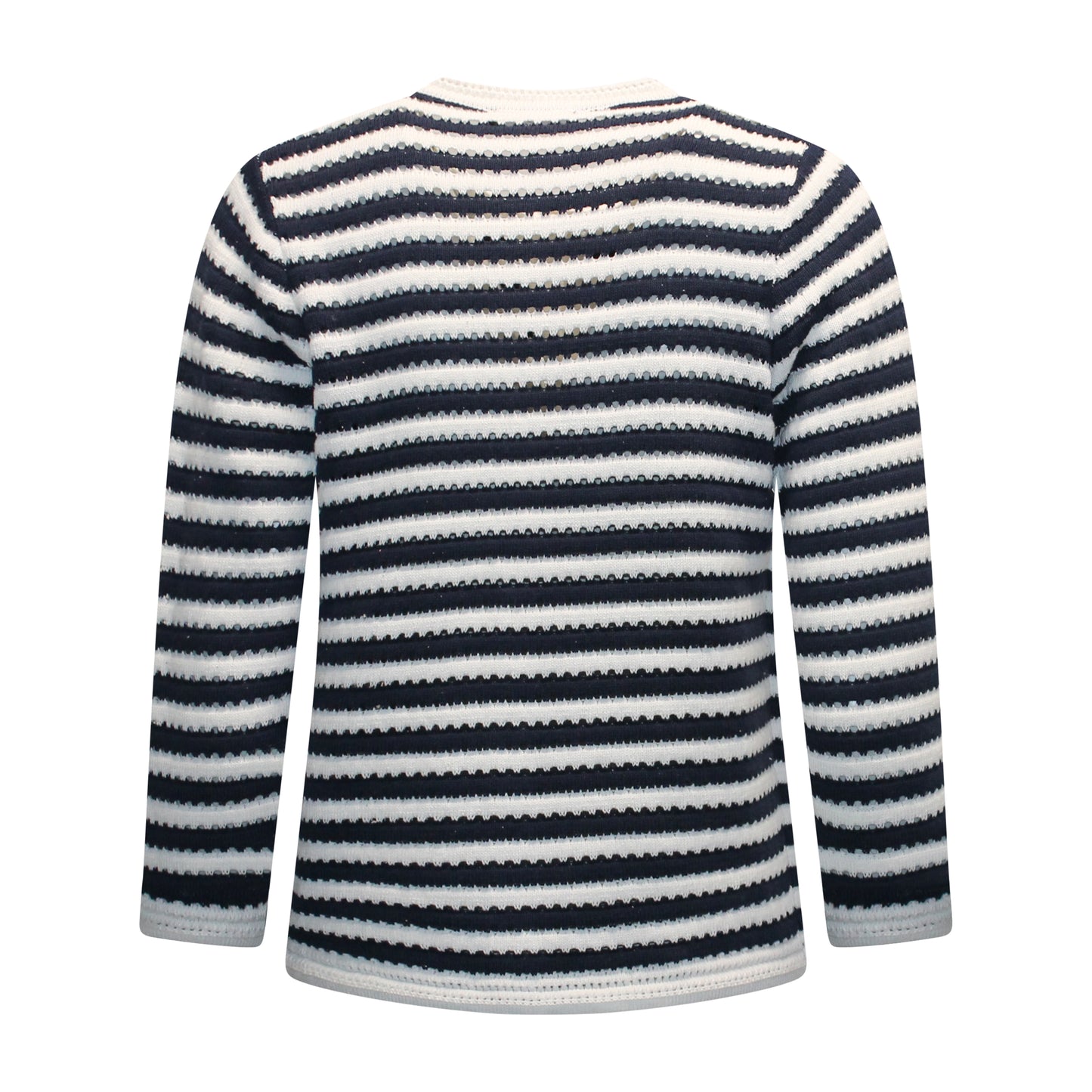 Achterzijde van Signature Vest Mareen met lange mouwen en streepdessin in het marine.