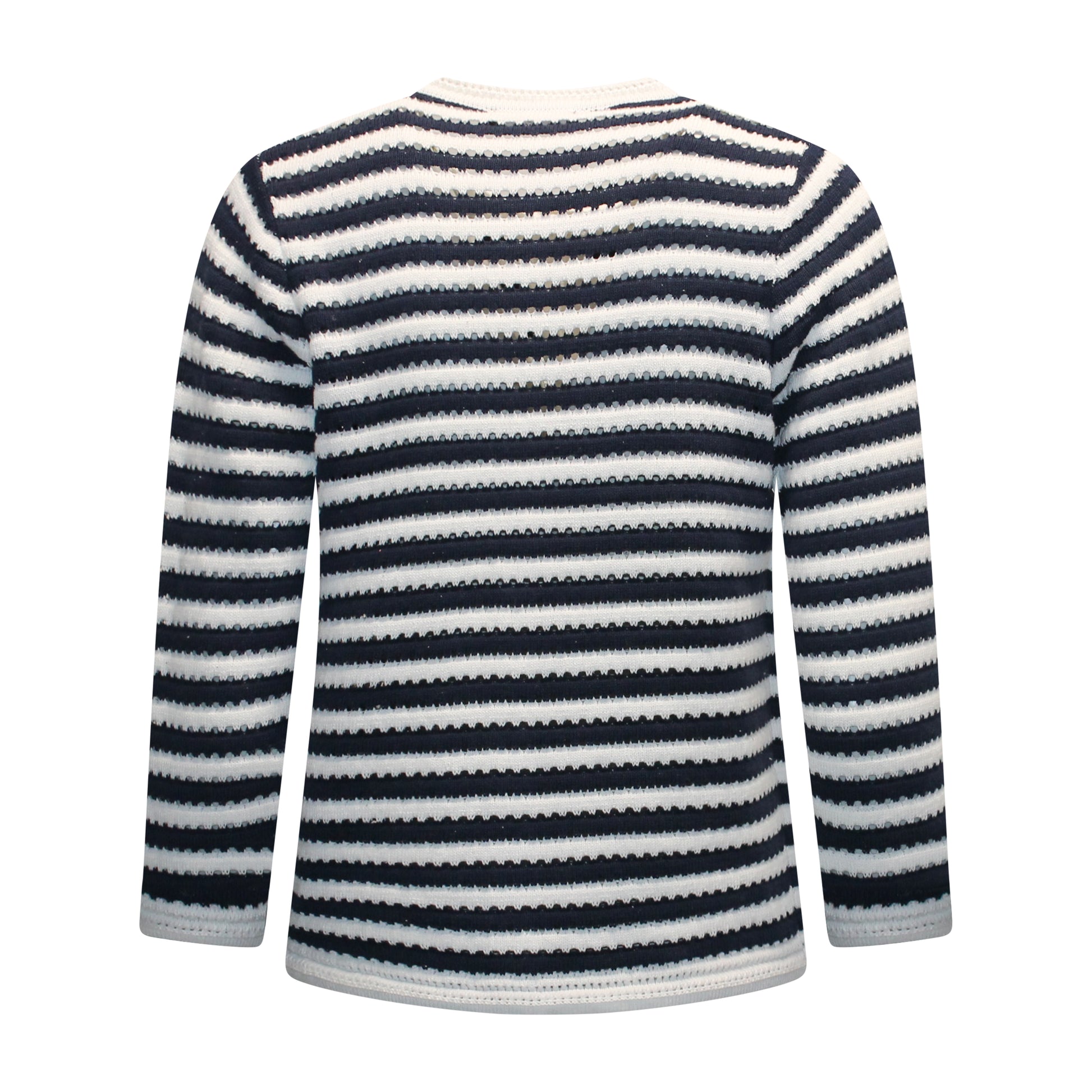 Achterzijde van Signature Vest Mareen met lange mouwen en streepdessin in het marine.