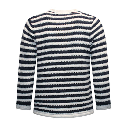 Achterzijde van Signature Vest Mareen met lange mouwen en streepdessin in het marine.